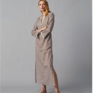 Tory Burch Shell Embellished Cane Weave Pattern Green Tan Resort Caftan - L